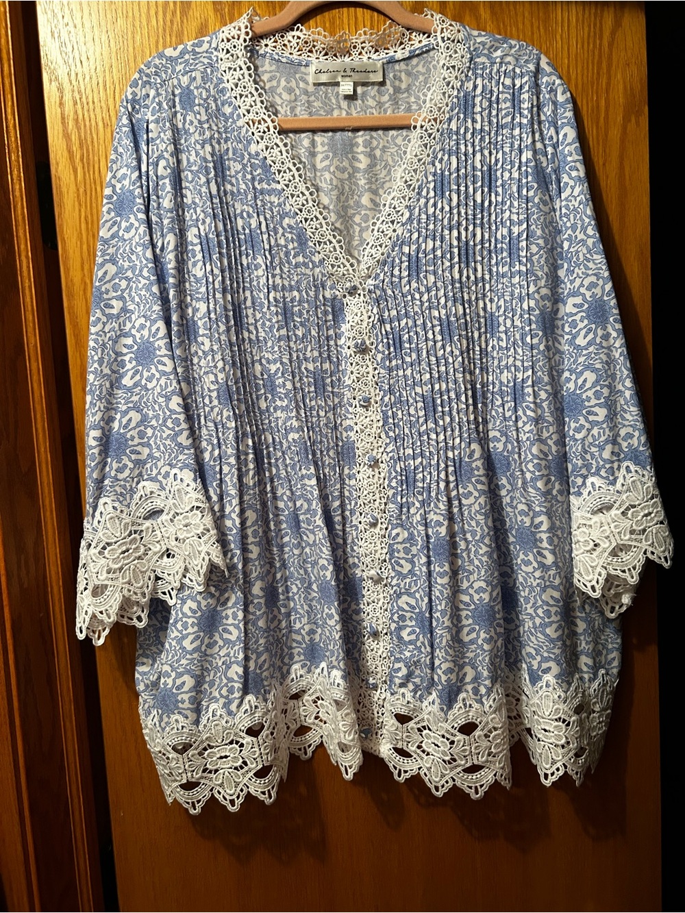 Chelsea & Theodore Light Blue Floral Lace-Trim Tunic